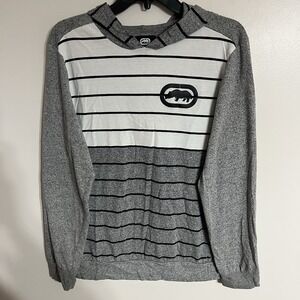 Ecko Unlimited Men's Medium Striped Pullover Hoodie Gray & White‎ Logo